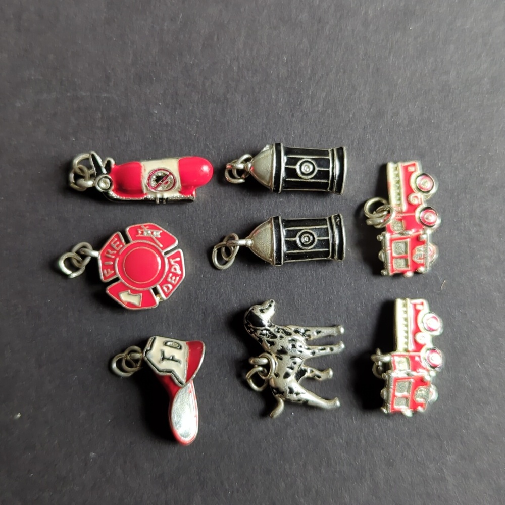 Fire Department charms 8 qty trucks hat extinguisher hydrants Dalmatian Badge